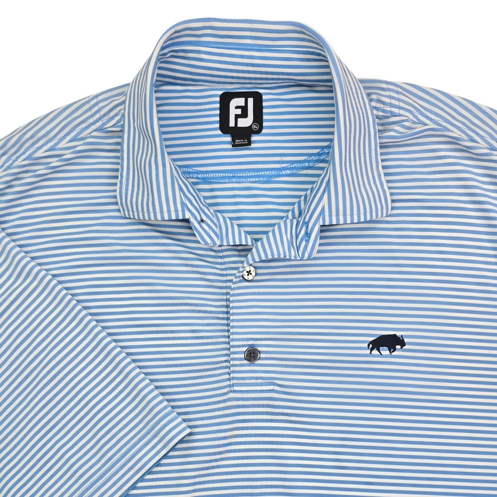 FootJoy Lisle Stripe Polo Shirt Mens XL Blue White Buffalo Logo Golf Performance
